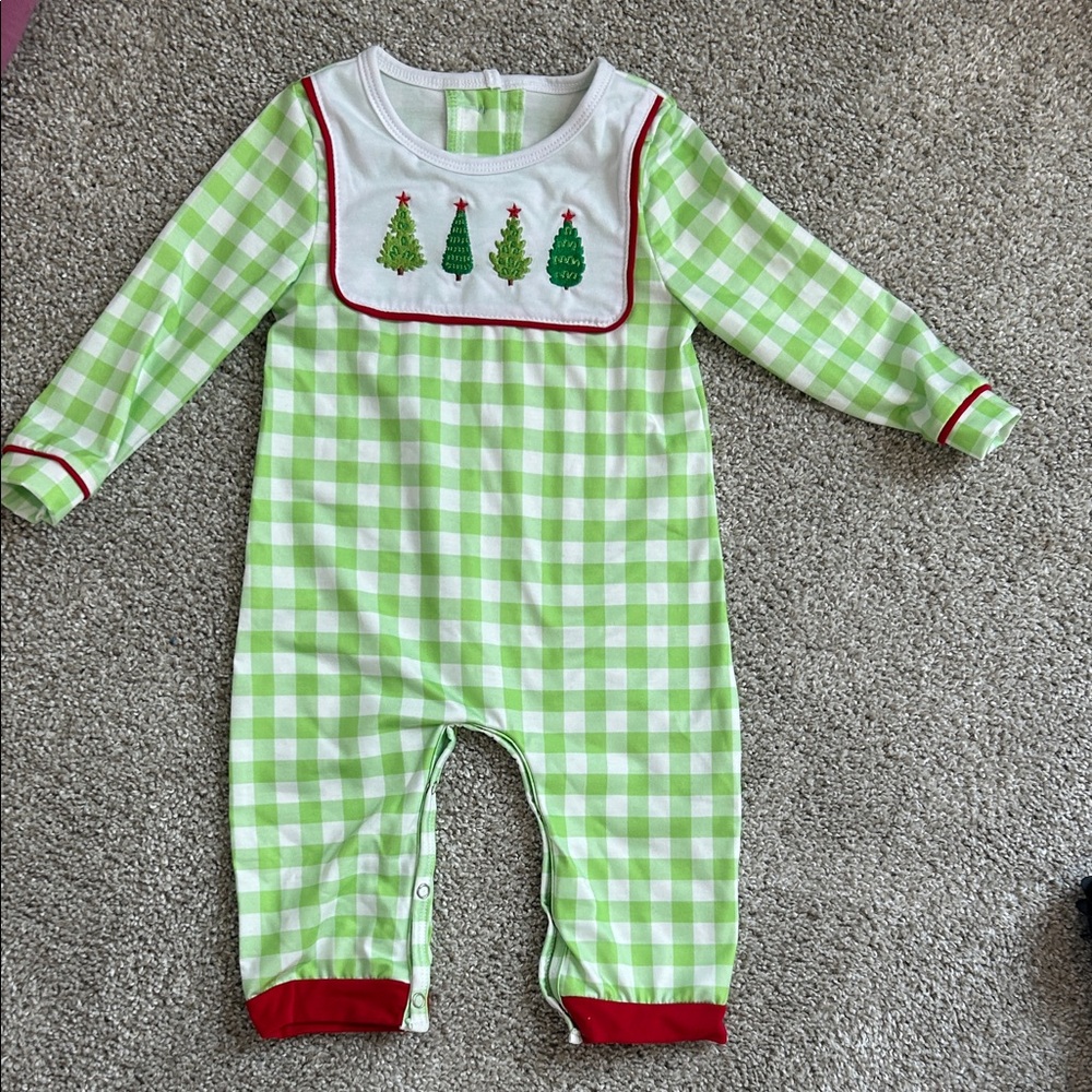 Green Checkered Baby Romper with Christmas Trees